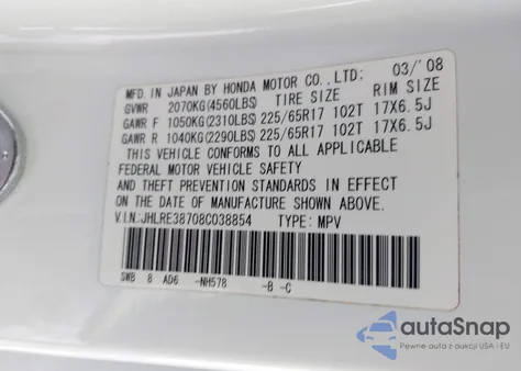 2008 Honda Cr-V Ex-L z USA, uszkodzony, nr VIN JHLRE38708C038854